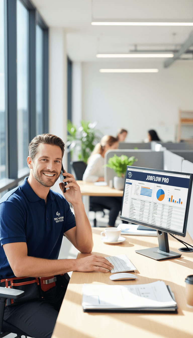 Smiling tradesman on phone at desk with job management software displayed