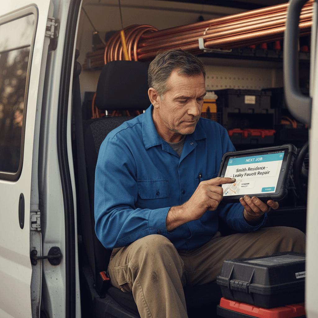 Plumber checking job schedule on a tablet inside a service van