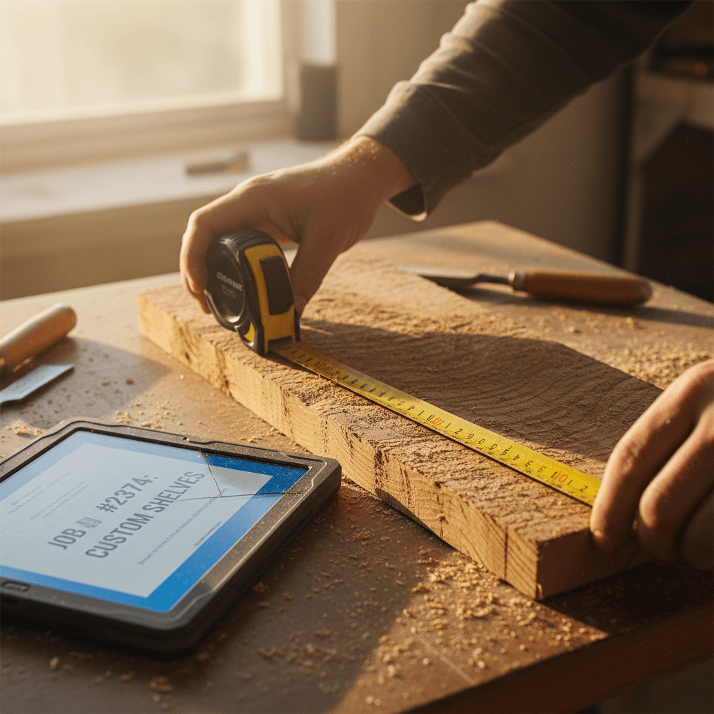 Carpenter measuring timber with a tape measure next to a tablet showing a digital job ticket