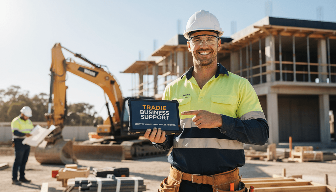 Tradesman using tablet on construction site with satisfied expression.