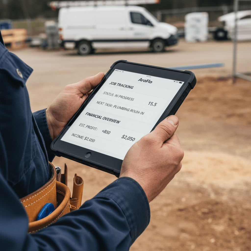 Tradie checking AroFlo job tracking on tablet at work site