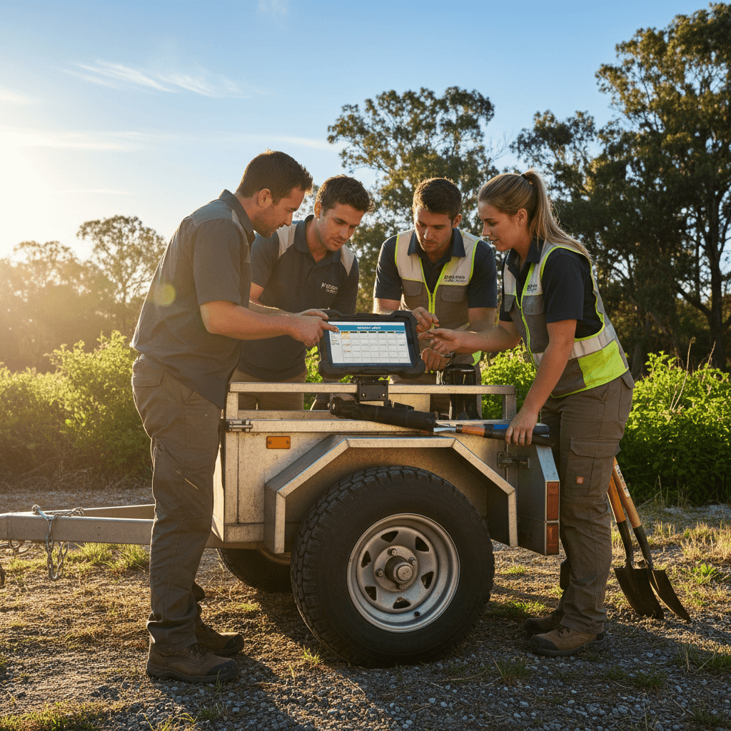 Landscaping team reviewing a job schedule on a tablet mounted on a trailer