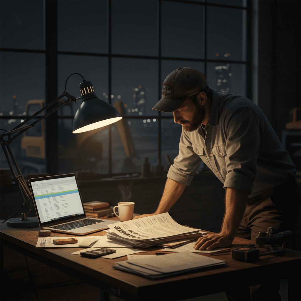 Tradie working late at night with paperwork and laptop