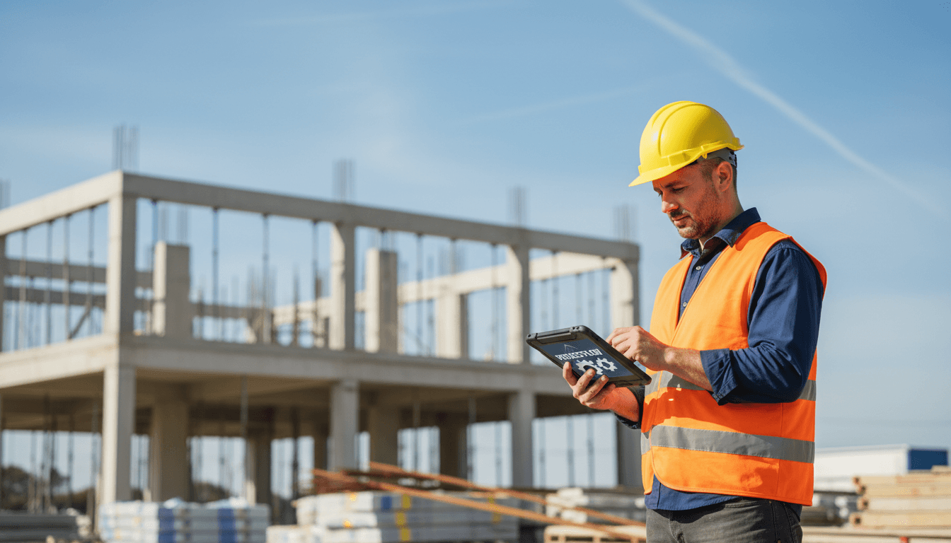 Tradie business owner on job site managing business systems and schedules
