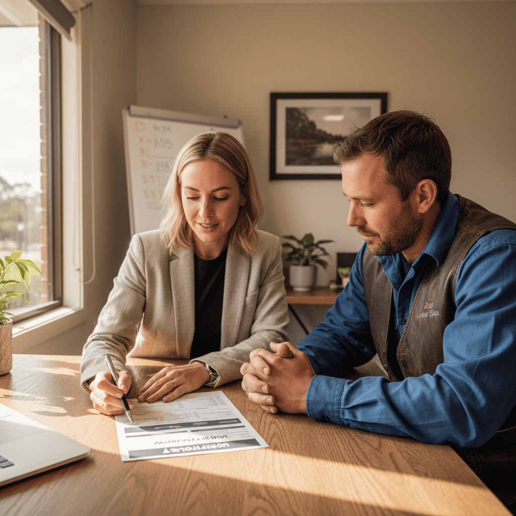 Business consultant and tradie business owner reviewing reports together