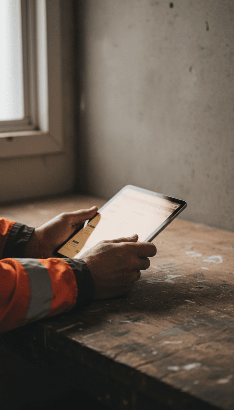 Tradesperson holding a tablet with a job management system open on a workshop bench