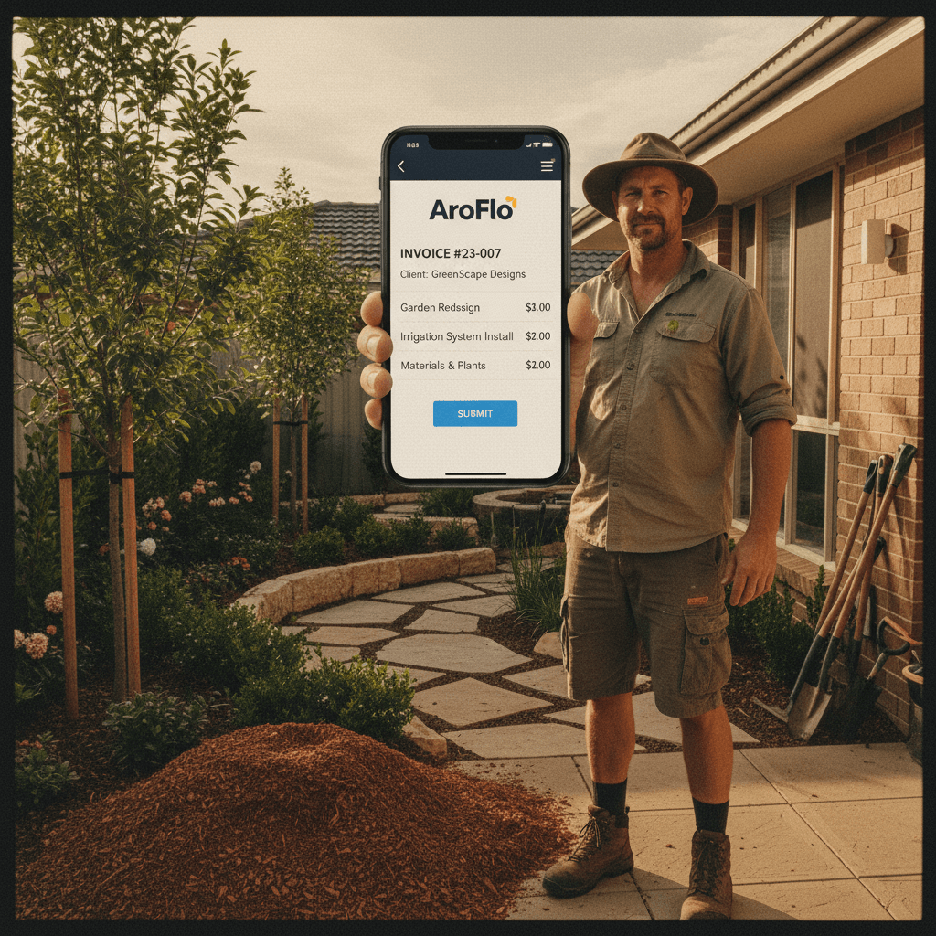 Tradie holding a phone showing an invoice preview next to a completed landscaping job