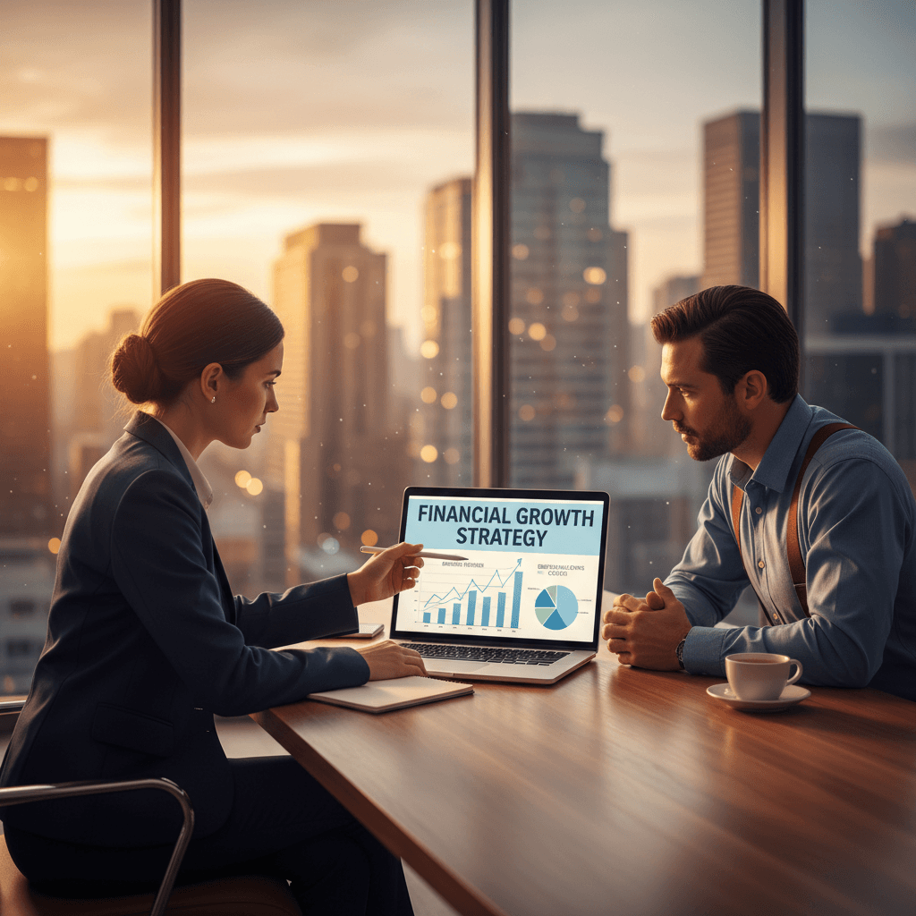 Consultant showing business reports to a trade business owner on a laptop in evening light