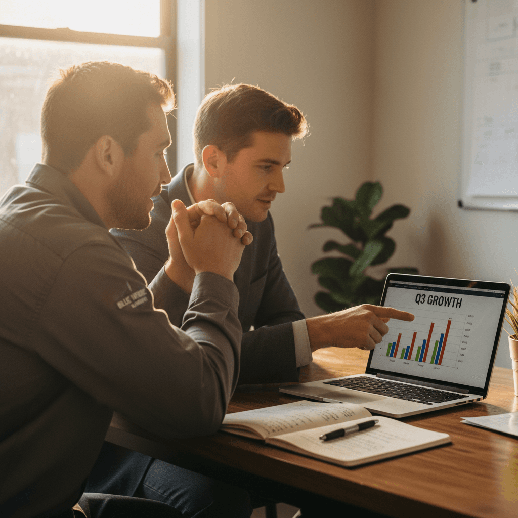 Business owner and consultant reviewing strategy on laptop