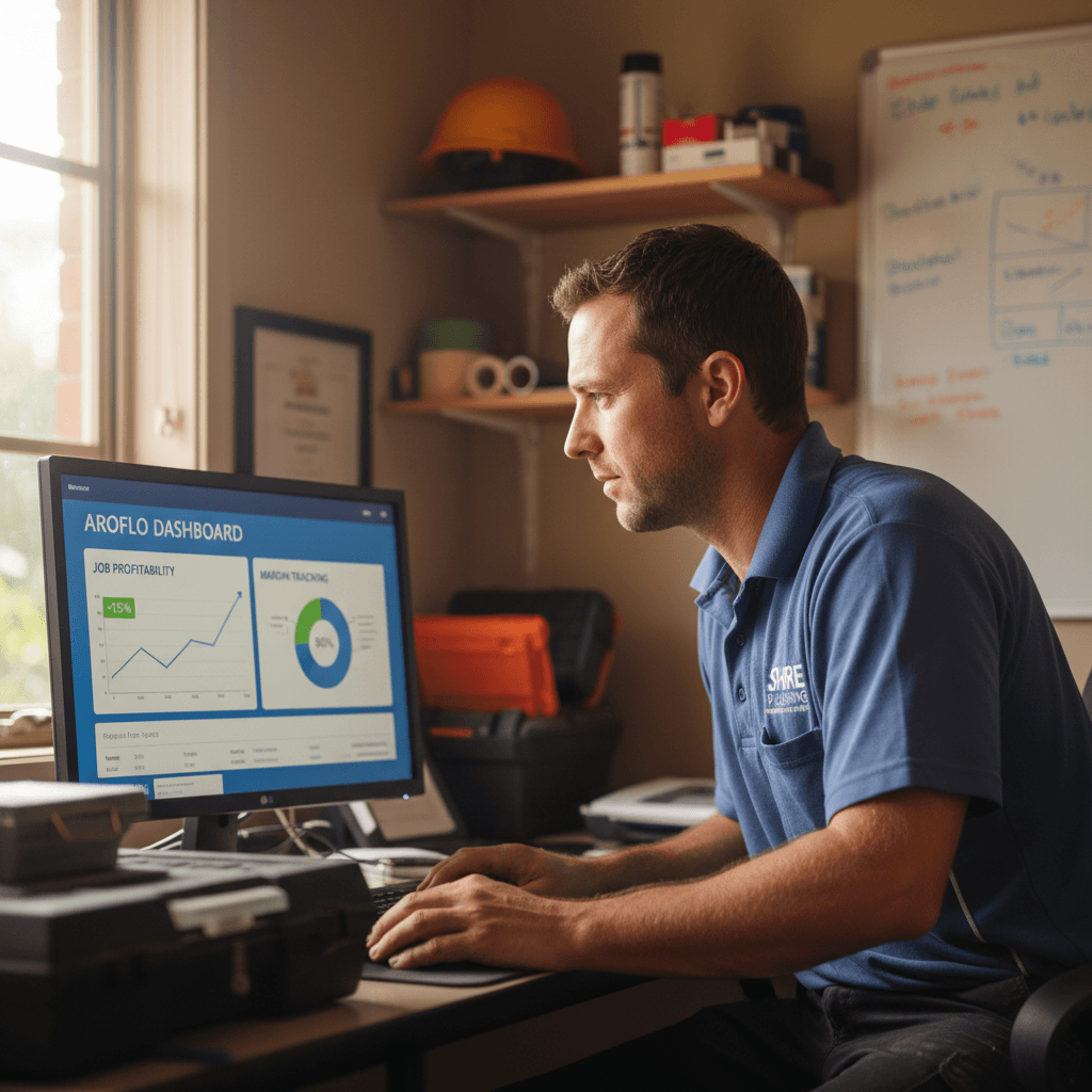 Trade business owner reviewing AroFlo profitability dashboard on desktop monitor