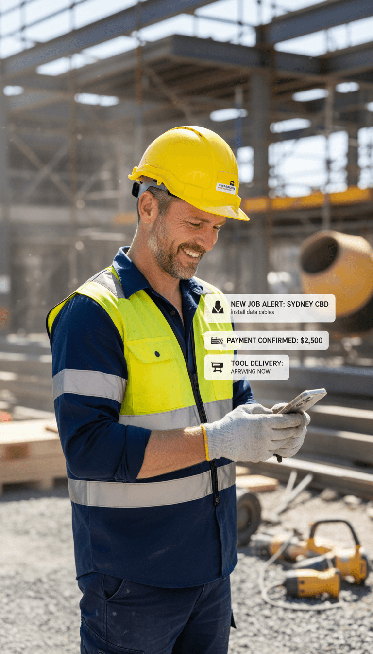 Tradie on-site, busy with phone notifications, vibrant work setting
