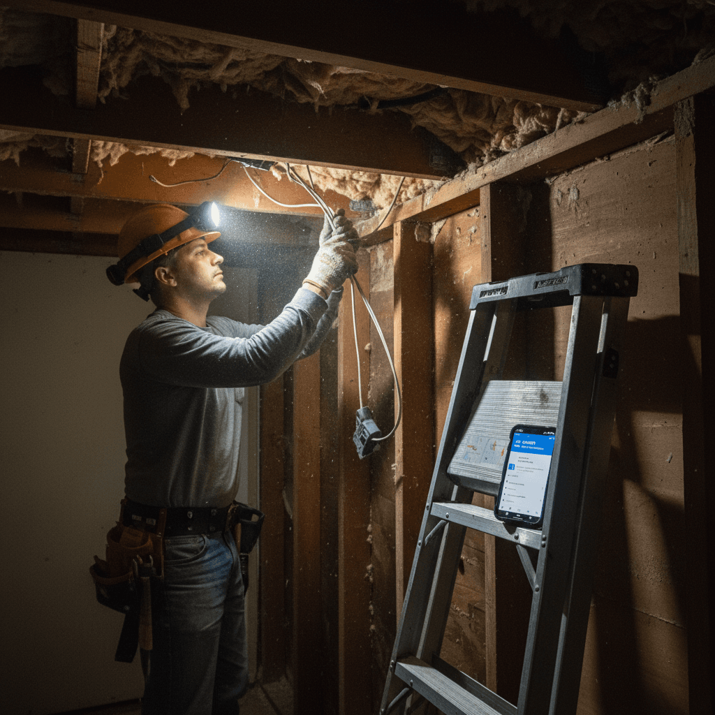 Electrician using a smartphone with a field service app while working in a ceiling cavity