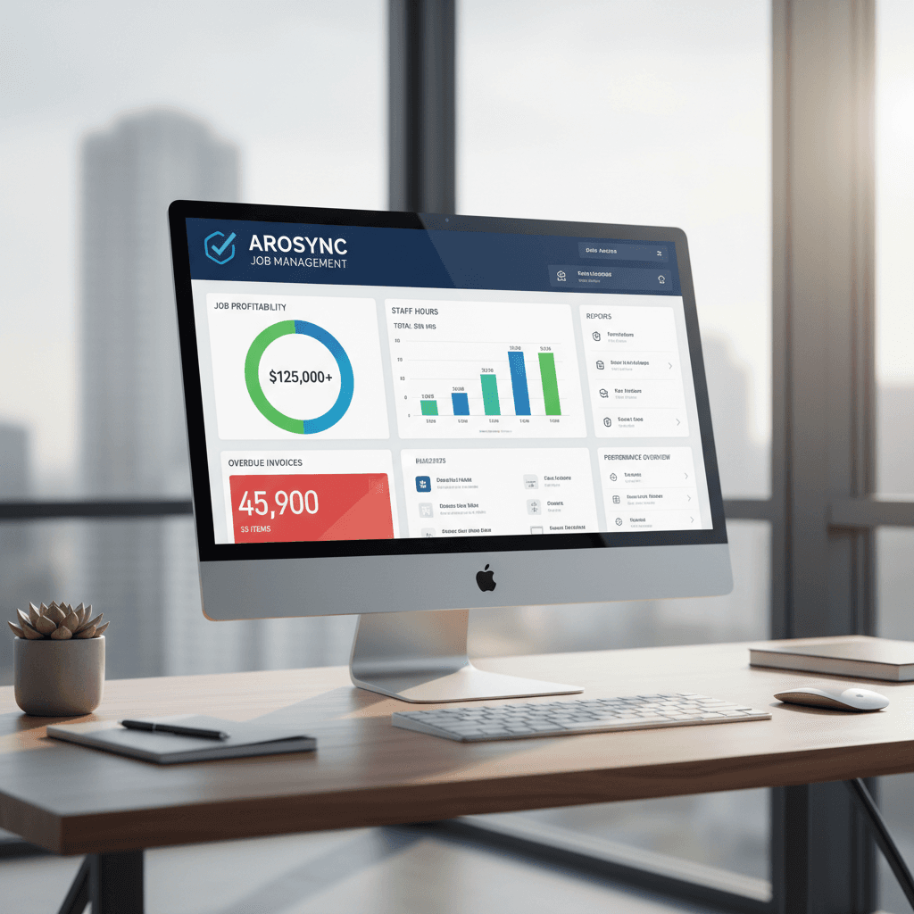 Monitor displaying AroFlo dashboard with job reports and analytics in a modern office
