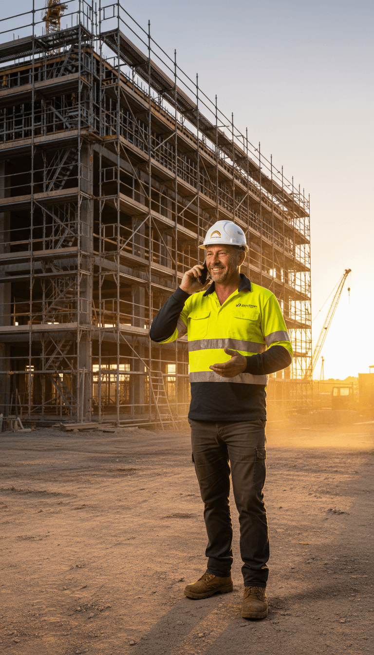 Tradesman on phone at desk with job management software on screen