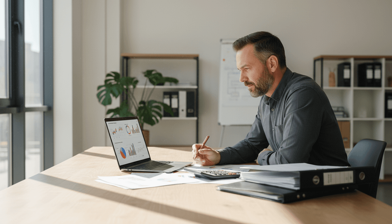 Trade business owner reviewing financial reports and AroFlo dashboard on laptop at desk with natural lighting