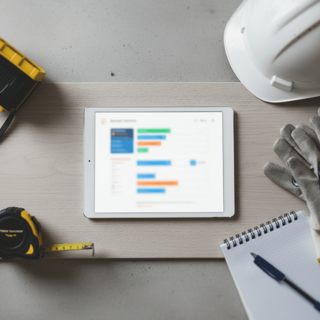 Tablet showing workflow setup on a workbench
