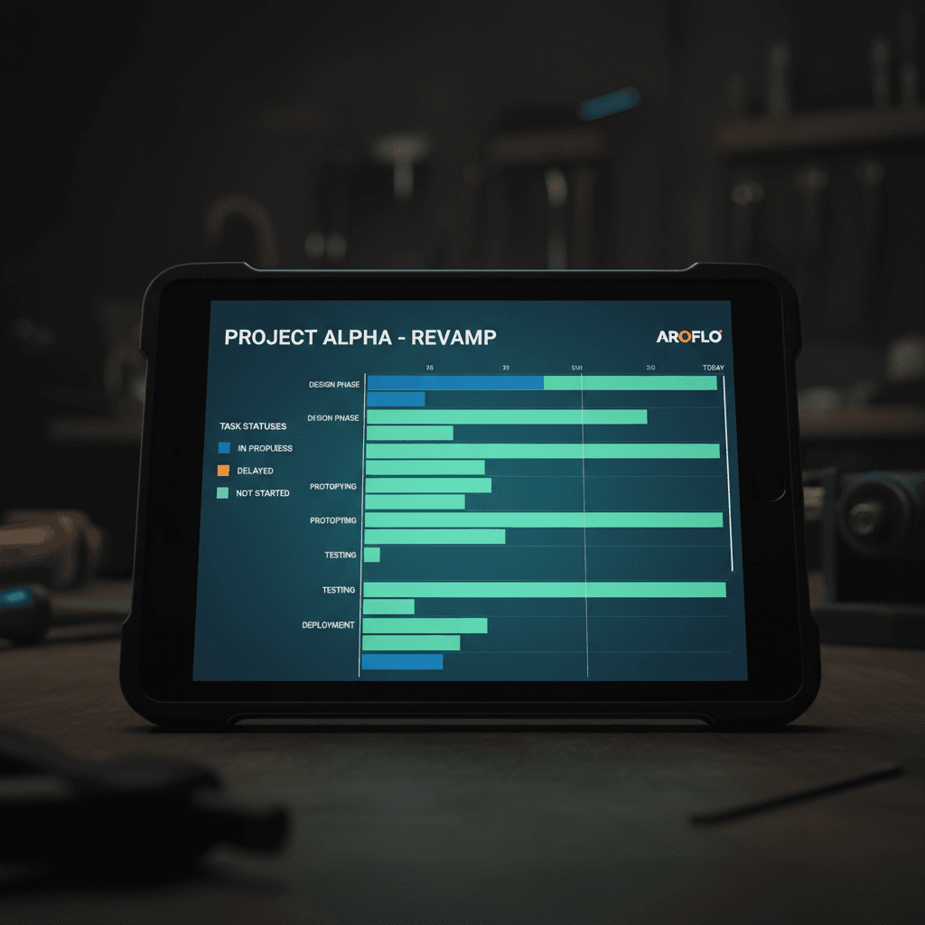 Close-up of a tablet screen showing a project timeline with task statuses