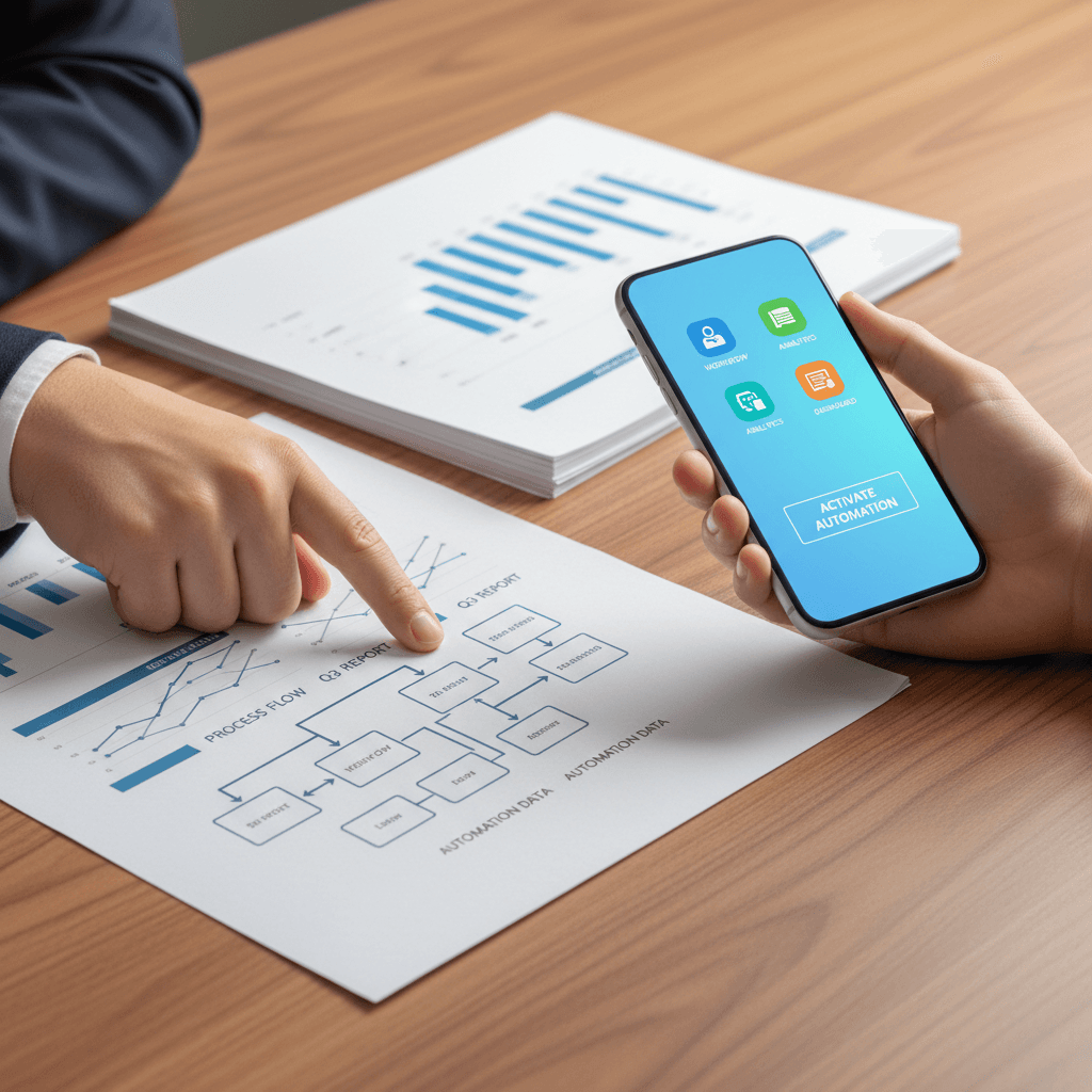 Close-up of hands transitioning from physical documents to digital automation interface on smartphone