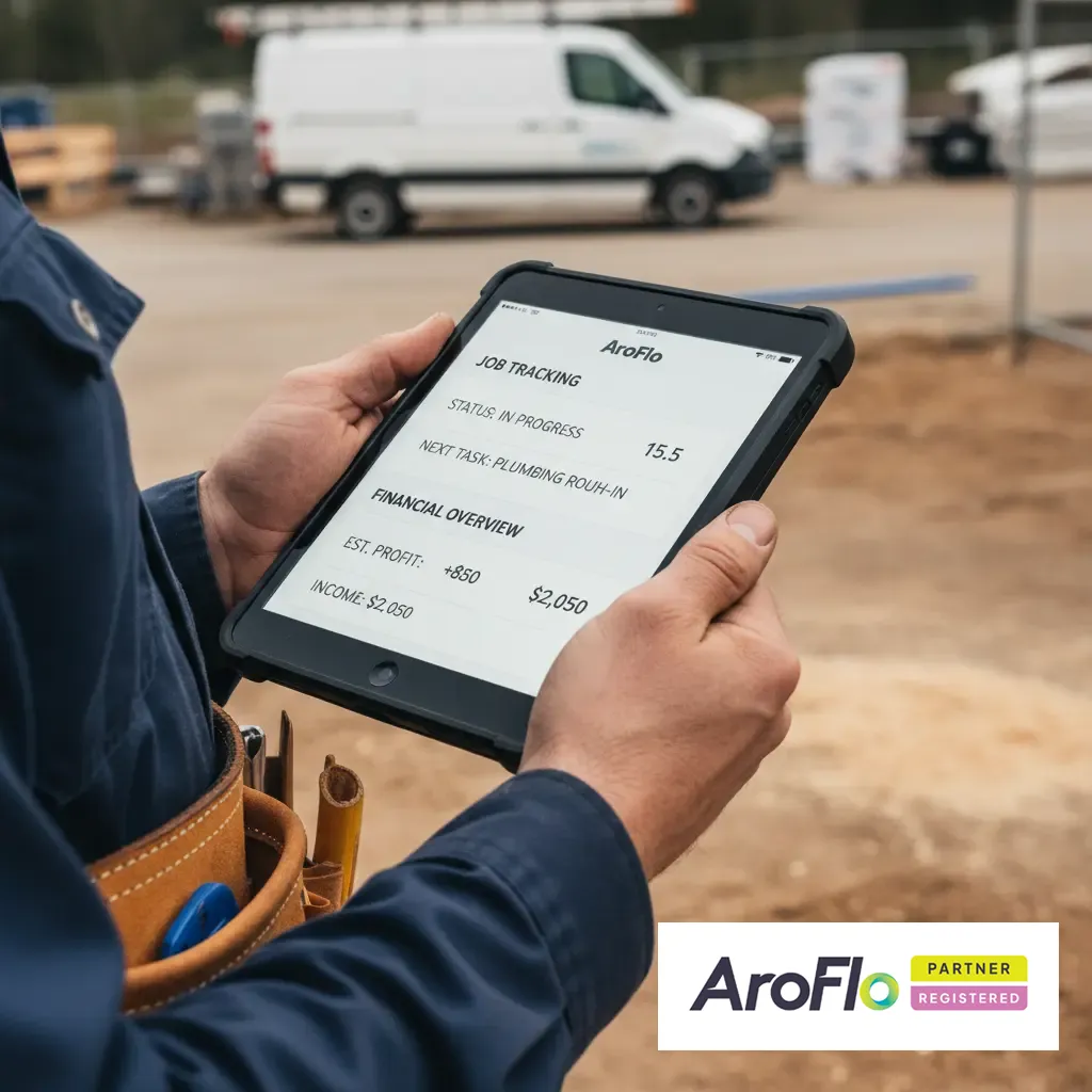 Tradesperson using a tablet with AroFlo software to track job progress on a construction site.