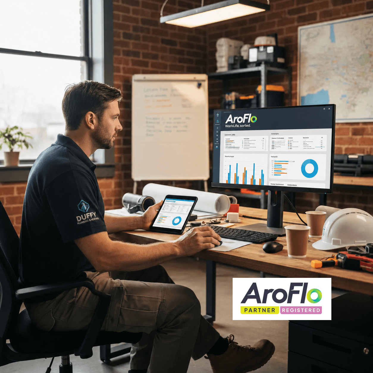 Professional using AroFlo software on a desktop and tablet in a modern workshop office.
