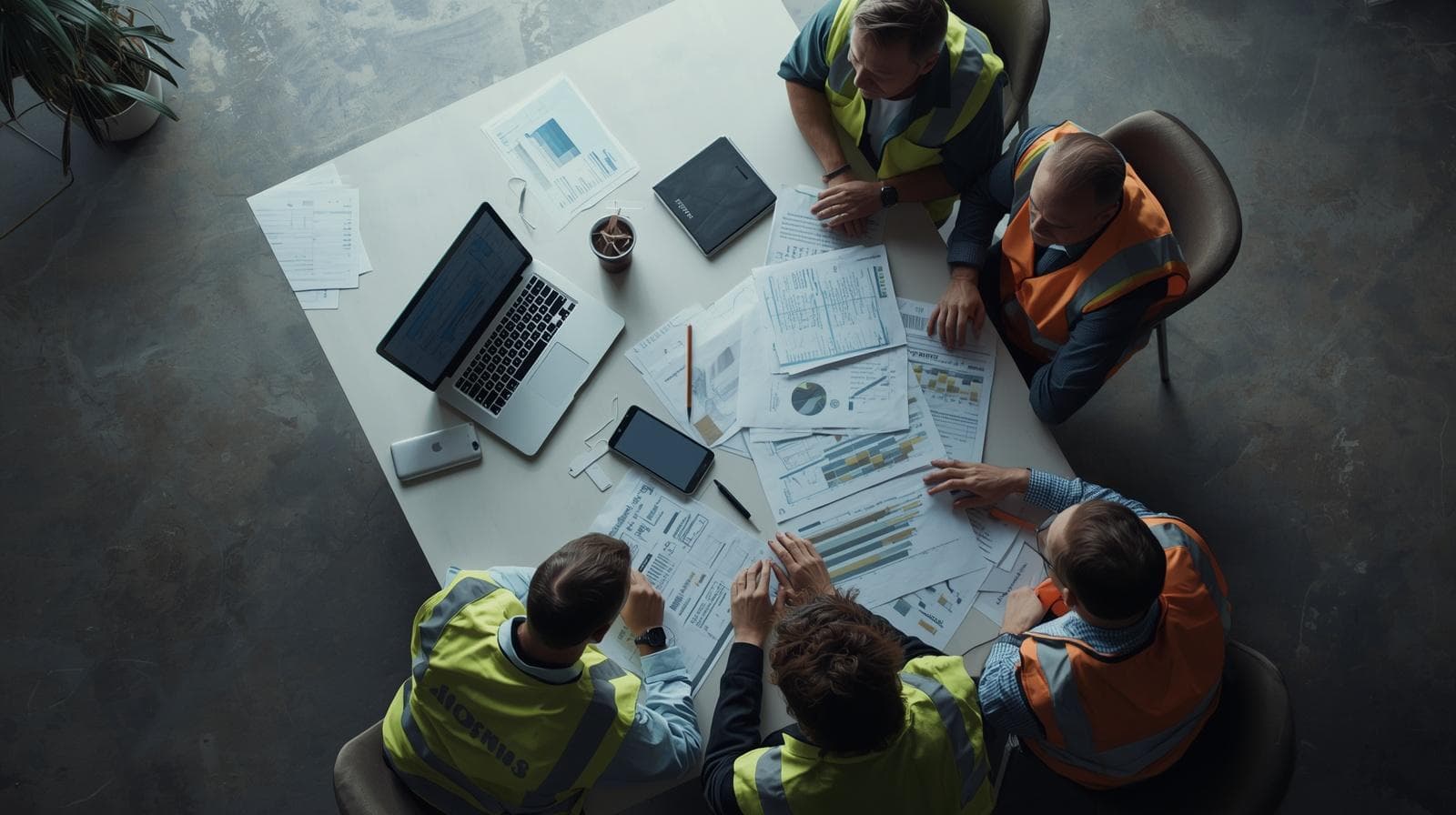 Overhead view of five workers in safety vests reviewing documents and charts at a table.