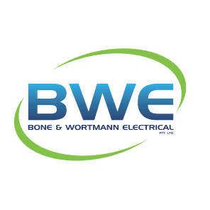 Blue BWE logo for Bone & Wortmann Electrical framed by two green curved swooshes.