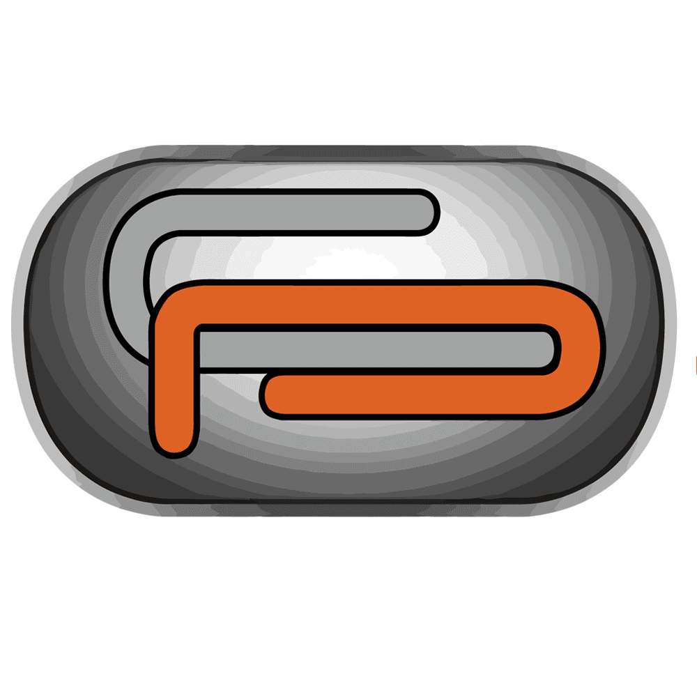 Interlocking orange and grey stylized shapes inside a shaded grey oval capsule logo.