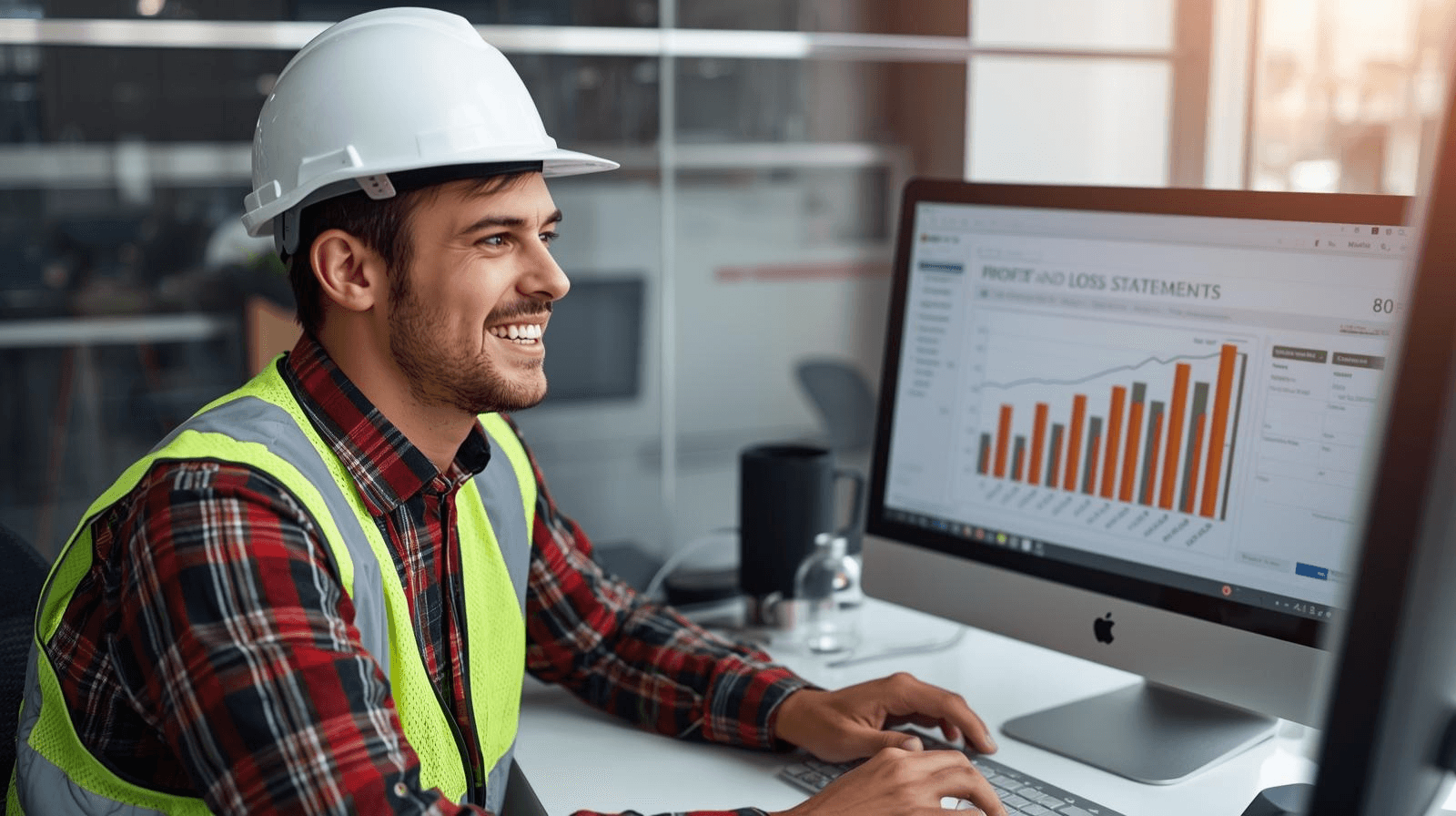 Smiling construction worker in a hard hat reviewing financial charts on a computer monitor.