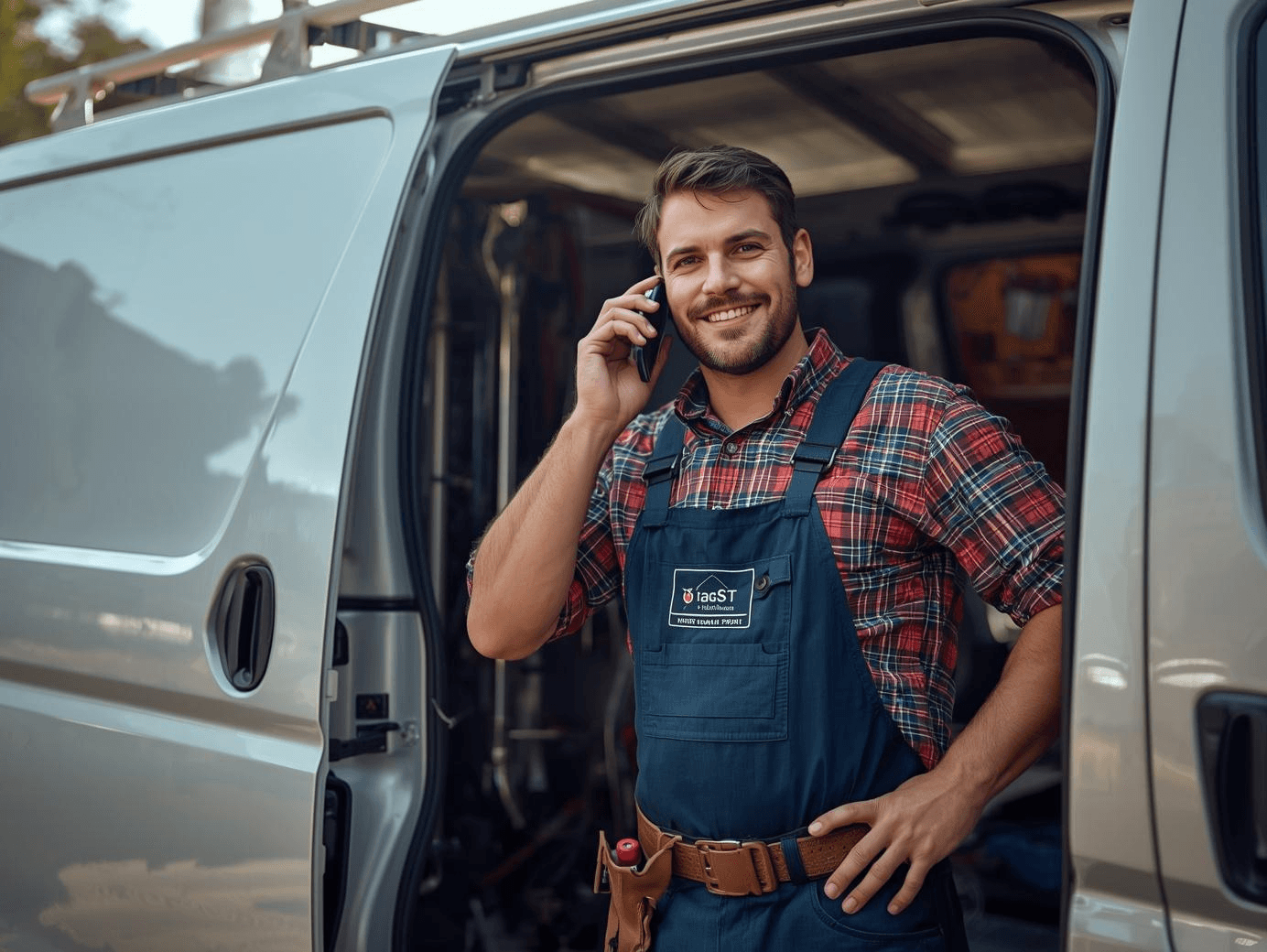Smiling technician in blue overalls talking on a phone by an open service van.