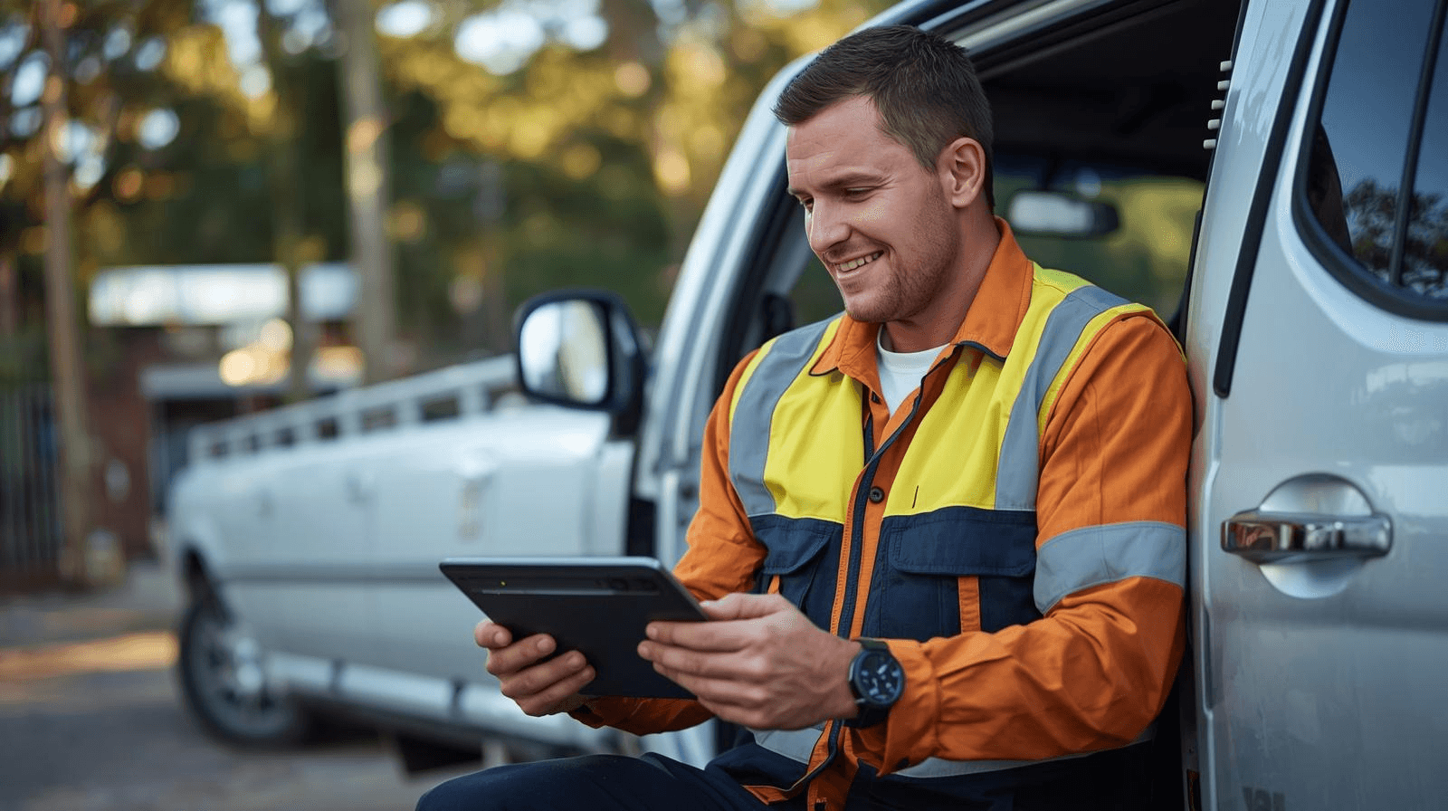 Smiling man in high-visibility clothing uses a tablet while sitting in a white truck.