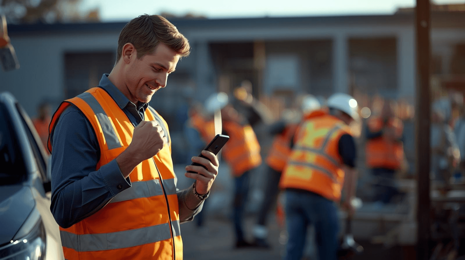 Smiling construction worker in an orange safety vest celebrates while looking at his smartphone.