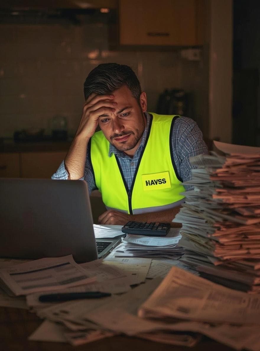 Stressed worker in high-vis vest at a laptop surrounded by overwhelming stacks of paperwork.