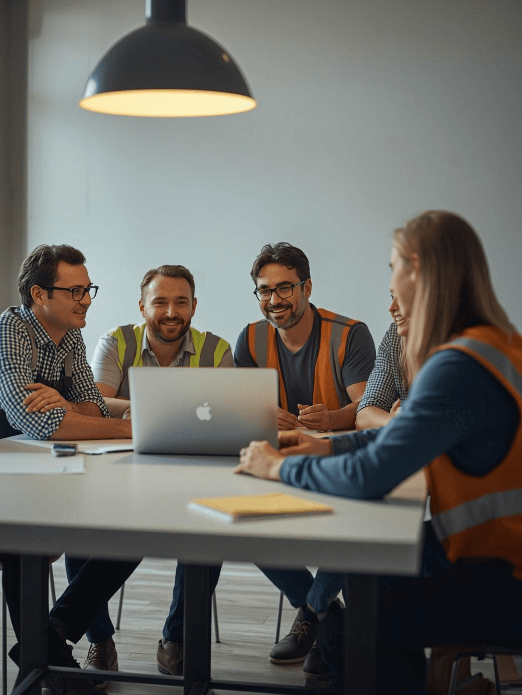 Diverse professionals in safety vests collaborating around a laptop during a productive office meeting.
