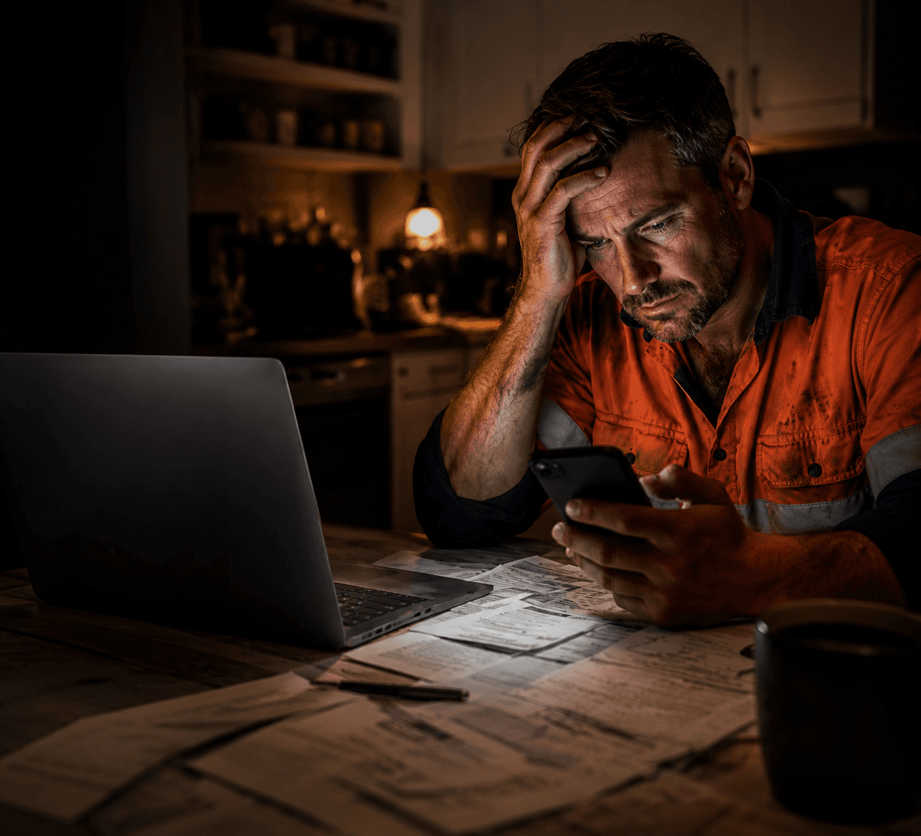 Stressed worker in high-visibility gear looks at his phone amidst bills and a laptop.