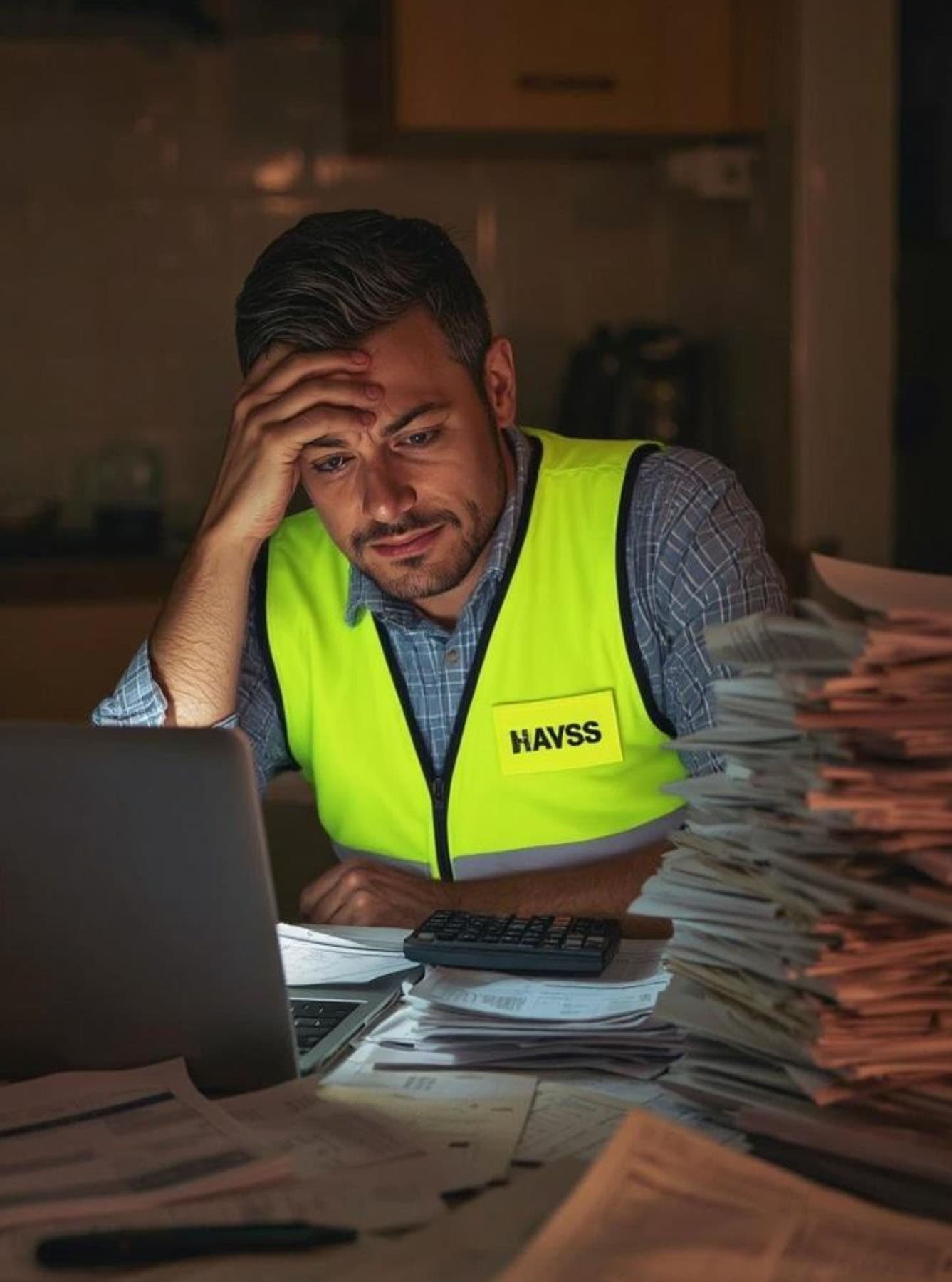 Stressed man in safety vest works late at laptop with large stack of paperwork.