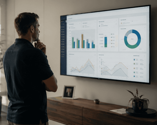 A man thoughtfully examines a large wall-mounted screen displaying a complex data analytics dashboard.