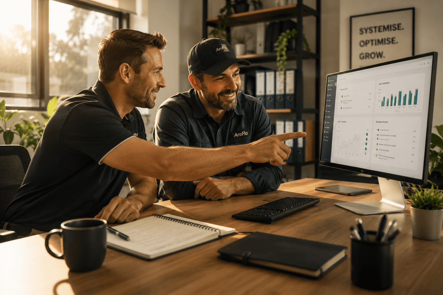 Two men review business performance charts on a computer monitor in a bright office.