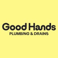 Bold black text for Good Hands Plumbing & Drains on a pale yellow background.