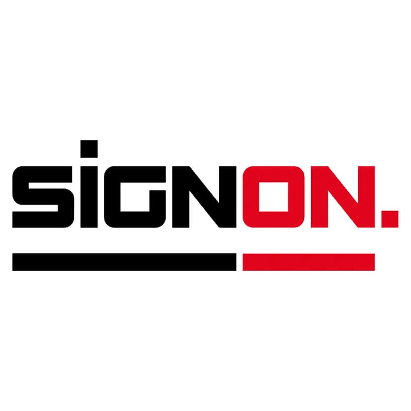 SIGNON logo featuring black and red blocky text underlined by matching black and red bars.