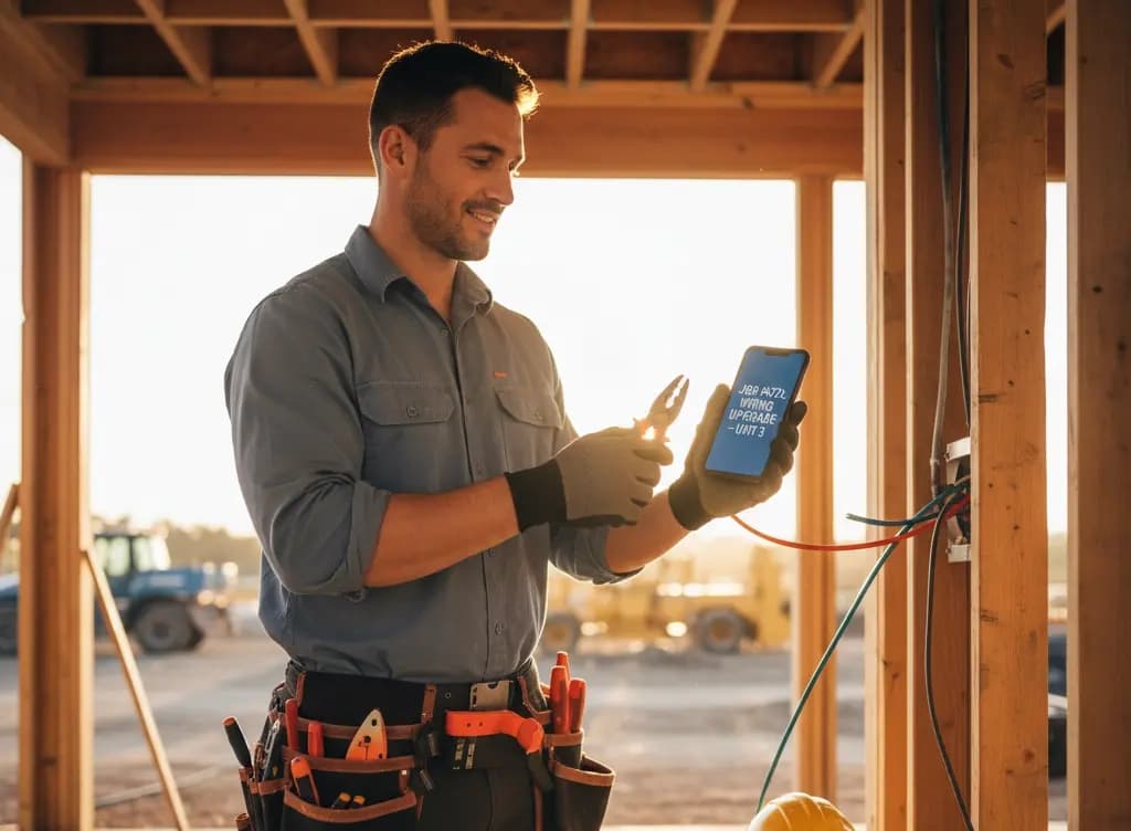 Smiling electrician holding pliers and a smartphone showing job details inside a wooden house frame.
