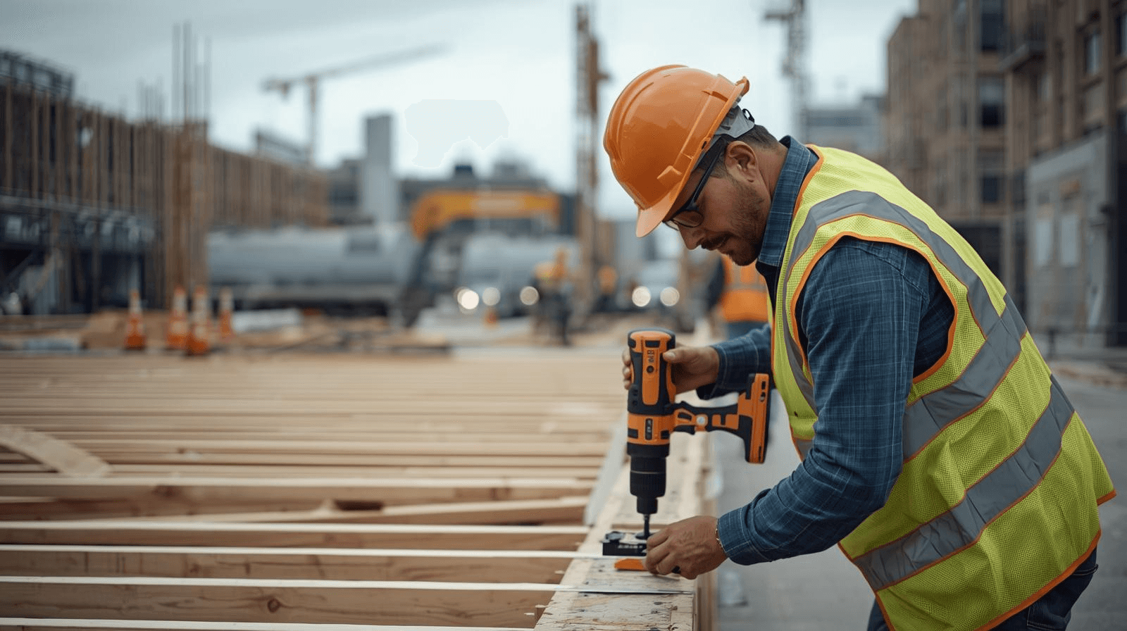 Construction worker in a hard hat and safety vest drills into wooden beams outdoors.