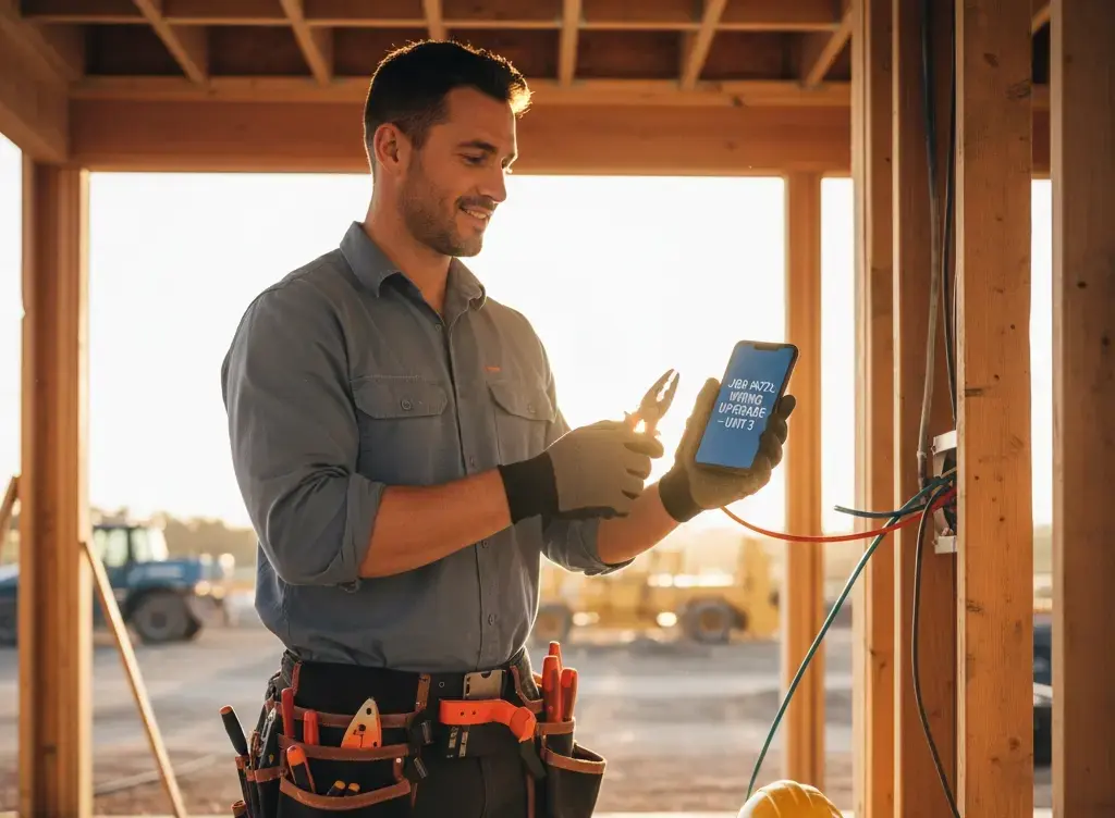Electrician holding a smartphone and pliers while working on wiring at a construction site.
