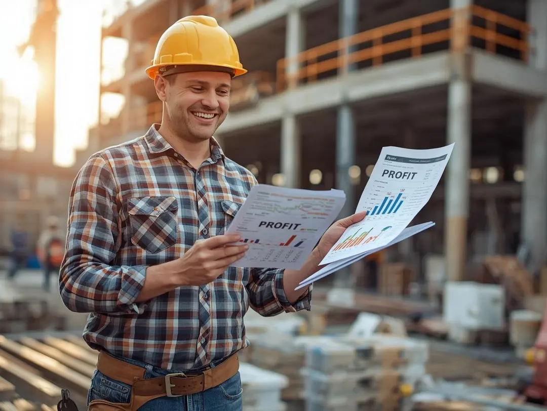 Smiling construction worker in a yellow hard hat reviewing profit reports at a construction site.