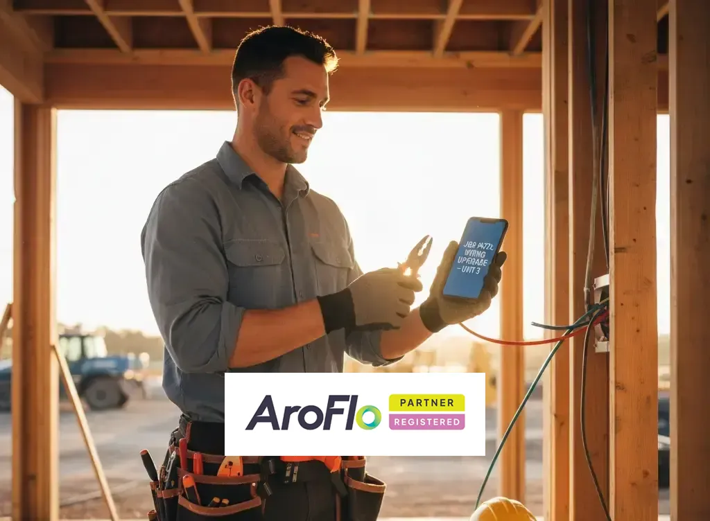 Electrician holding a smartphone and pliers at a construction site with AroFlo partner branding.