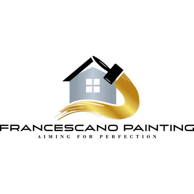 Francescano Painting logo featuring a house silhouette, paintbrush, and a sweeping gold paint stroke.